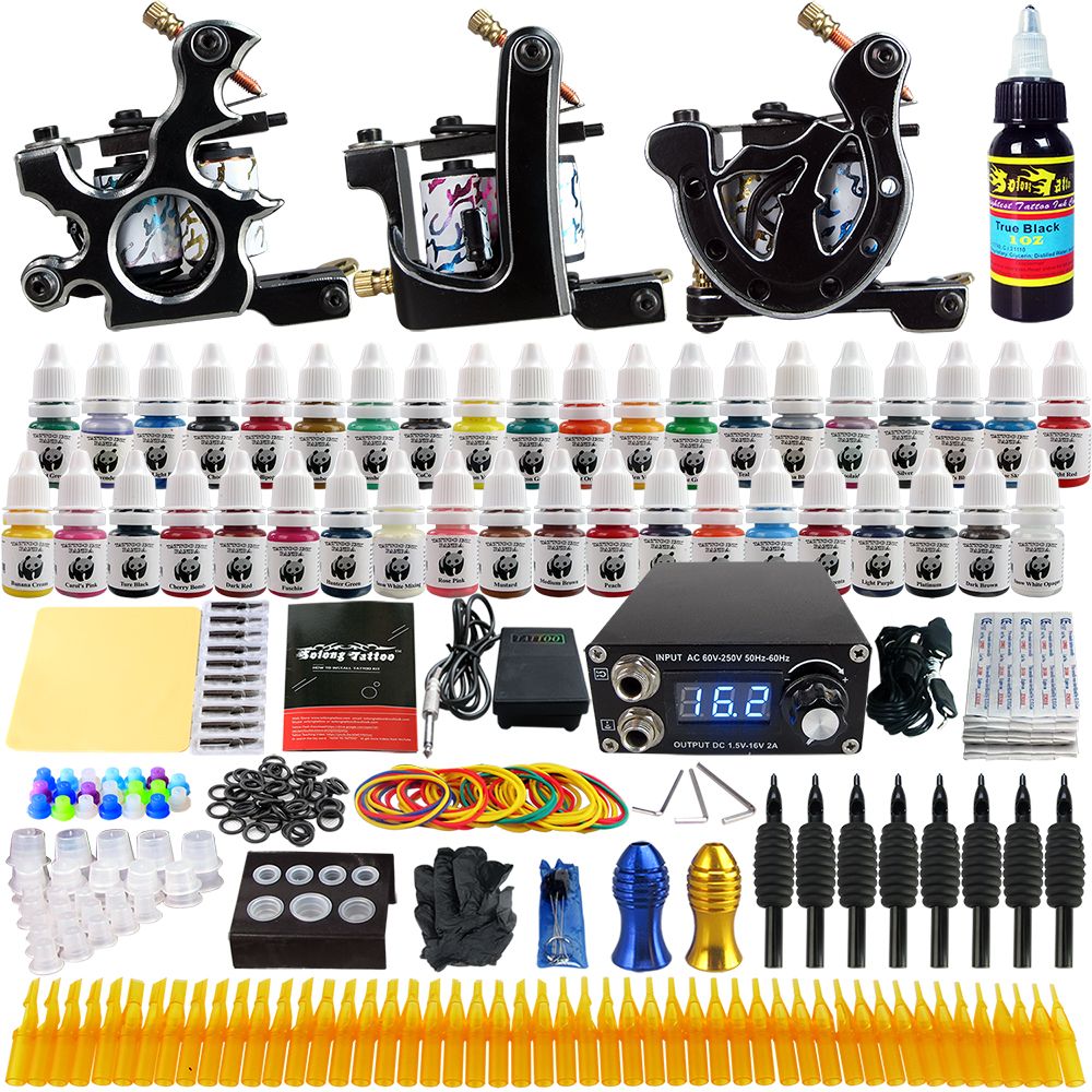 Solong Tattoo® Complete Tattoo Kit 3 Pro Machine Guns 54 Inks Power Supply Needle Grips Tips