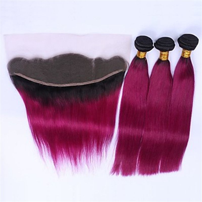 Malaysian Human Virgin Hair Fuschia Ombre Hair Bundles With Lace