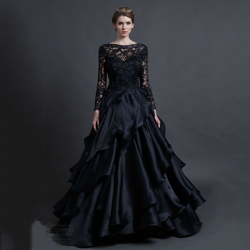 Discount Black Wedding Dresses With Sleeves 2016 Beautiful Bateau Neck