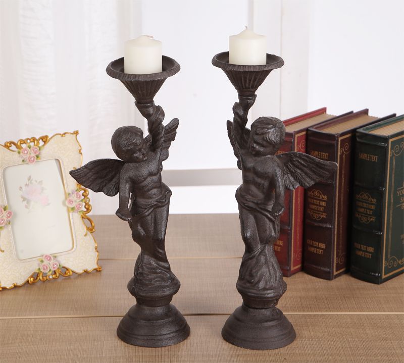 Vintage Antique Angel Wings Cast Iron Church Pillar Candle Stick