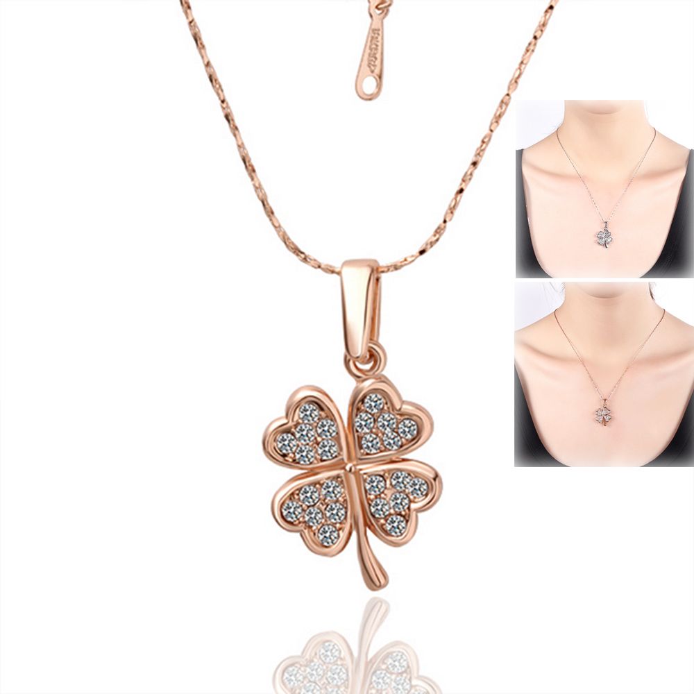Charming Women Lucky 4 Leaf Clover Designed Crystal Pendant Chain Necklace New
