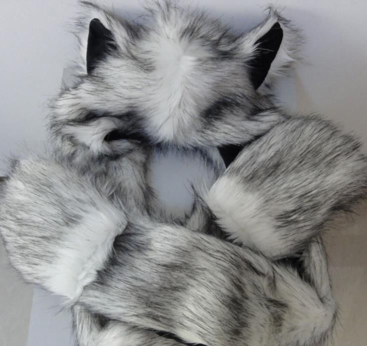 Grey Wolf Faux Fur Animal Ears Hat Gloves Mittens Long Scarf Snood Hood Paws 