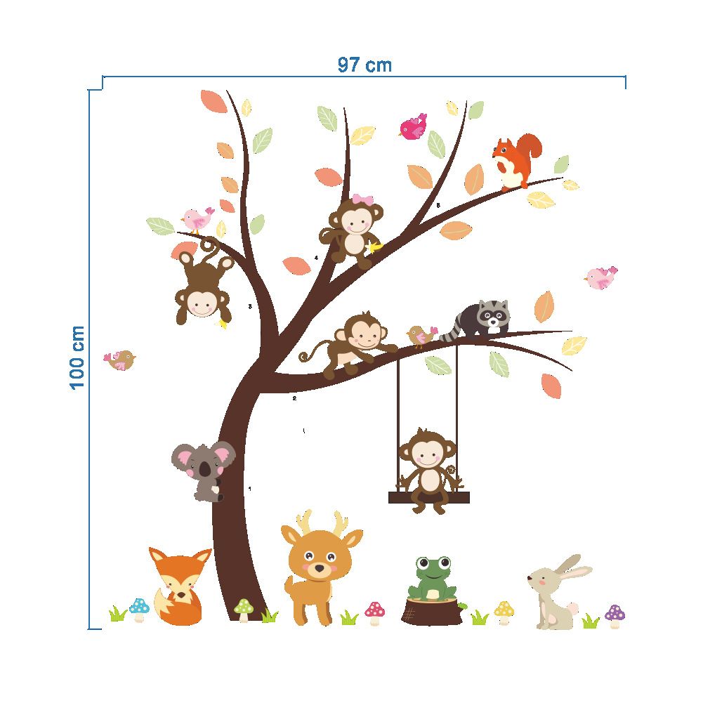 Cartoon Monkey Koala Squirrel Birds Playing On Tree Wall Stickers