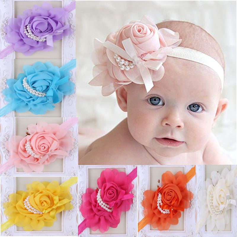 New Baby Kids Lovely Rose Pearls Headband Lace Chiffon Flower Headbands