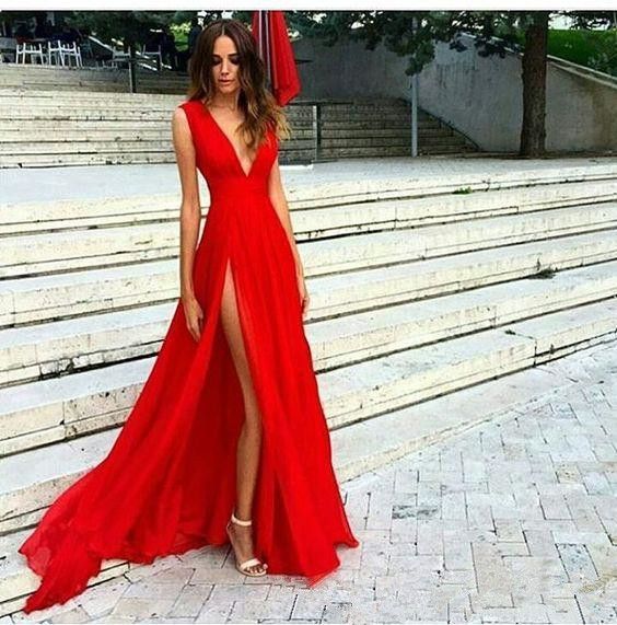 High Side Split Sexy Plunging V Neck 2019 Prom Dresses Long Sweep Chiffon Formal Evening Gowns