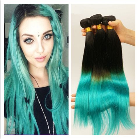 Cheap Brazilian 1b Teal Ombre Human Hair Extensions Silky Straight