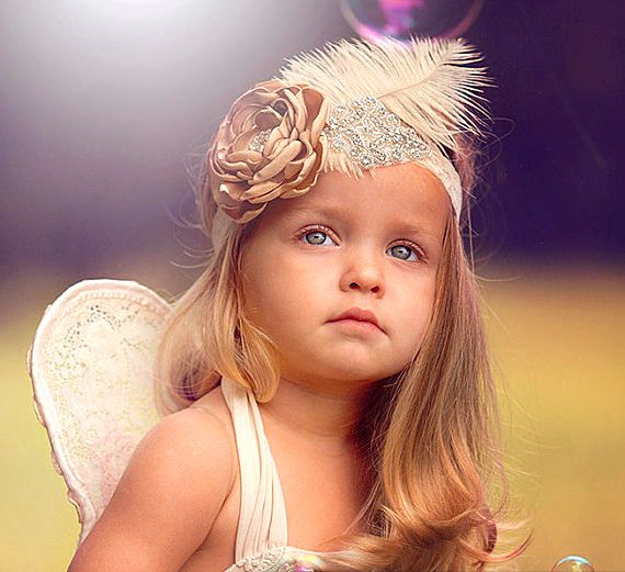 New Fashion Baby Girls Feather Headband Kids Flower Rhinestone
