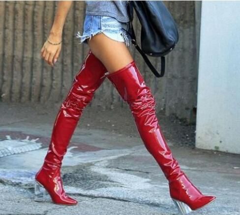 red thigh high boots no heel