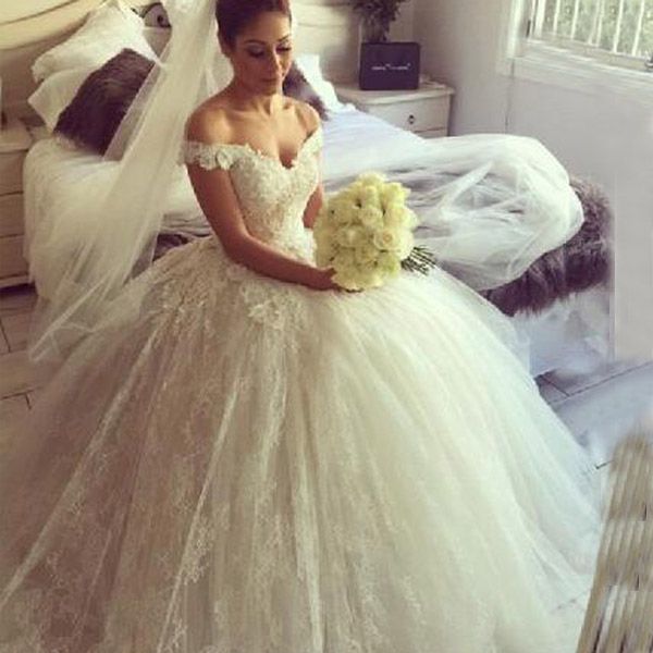 Princess Wedding Dress Ball Gown Off The Shoulder Lace Tulle Bridal Gown Custom 