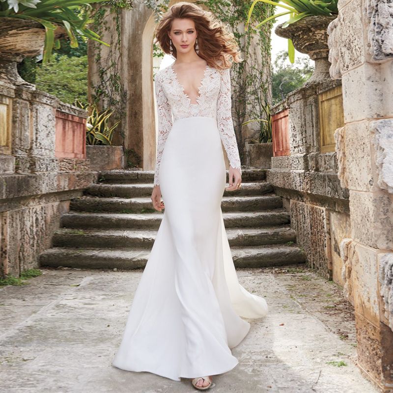 long sleeve plunging neckline wedding dress