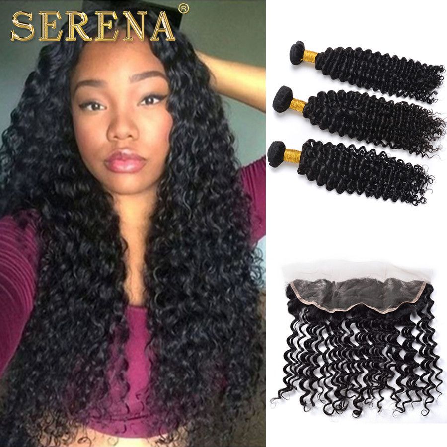 Human Hair Bundles With Lace Frontal Closure Deep Wave Curly Hair