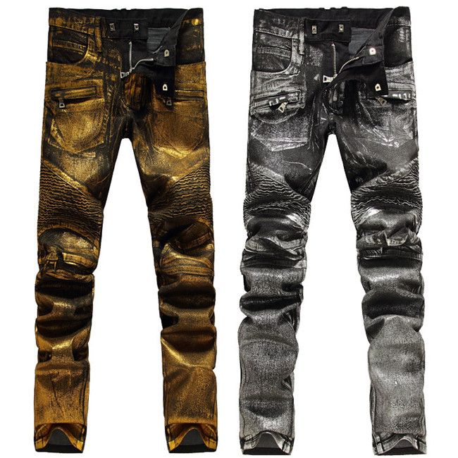 gold biker jeans