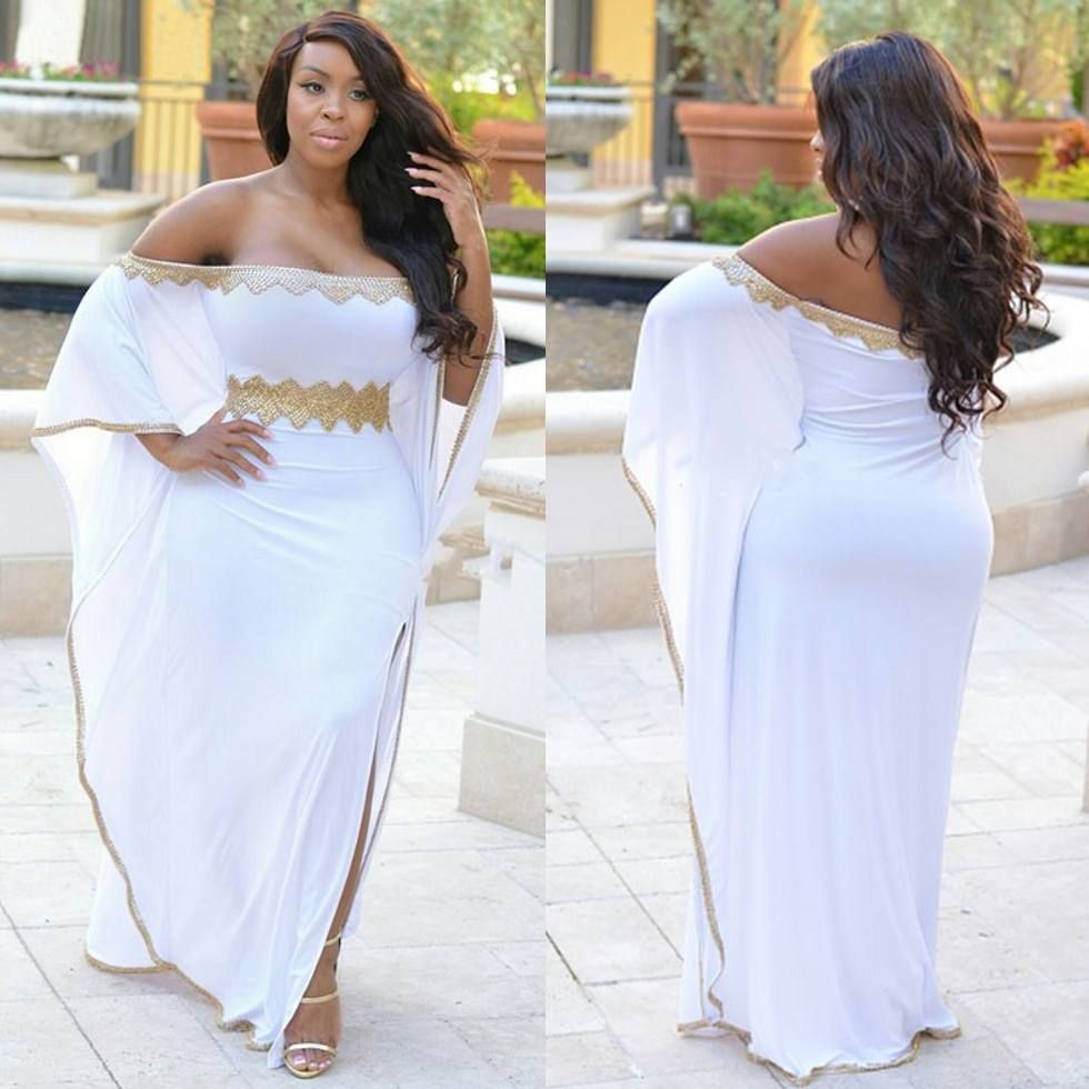 Stylish White Split Side Plus Size Prom Dresses Gold Beaded Off The Shoulder Evening Gowns Cheap Floor Length Chiffon Formal Dress From $157.84 DHgate.Com