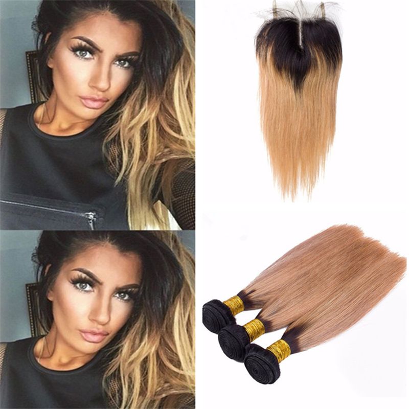 2019 Dark Roots Honey Blonde Lace Closure With Hair Bundles 2 Tone