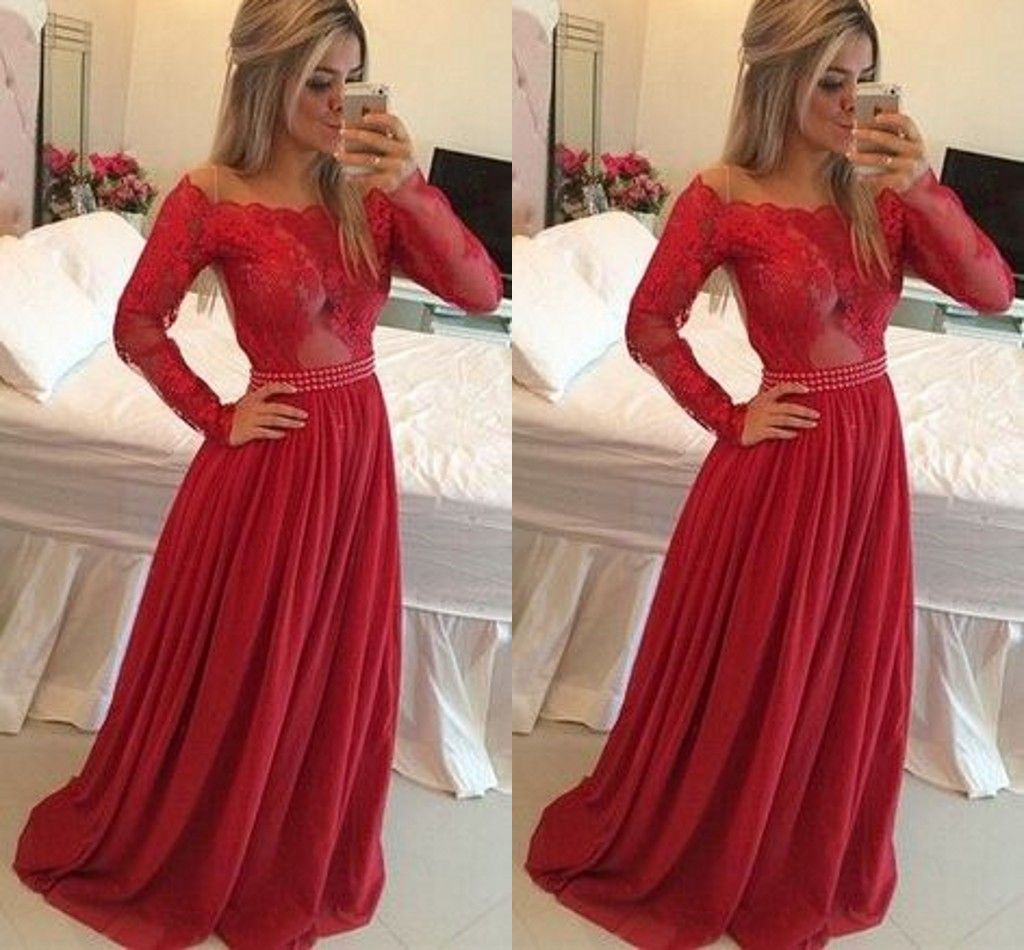 long sleeve red formal dress