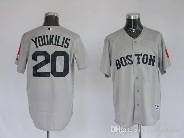 Boston Red Sox #20 Youkilis Grey White Red Navy Blue Mens Baseball