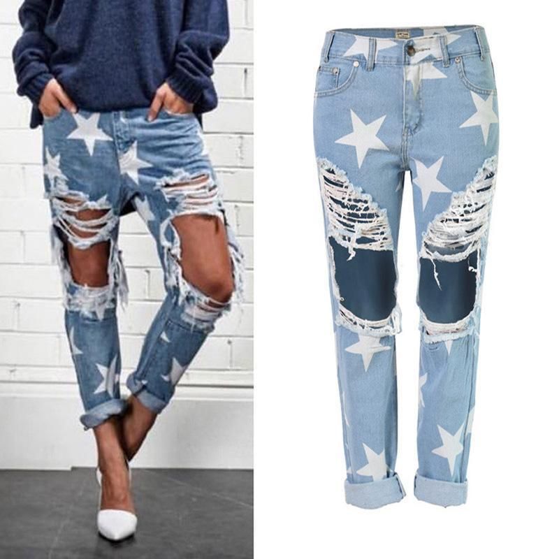 Nuevos Modelos de Explosión Mujeres Moda Robin Jeans Casual Ladies Hole Jeans Stars Impresión de