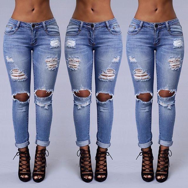 lista consumidor parrilla 2018 moda sexy nuevo estilo de mujer de cintura alta jeans Jeans rotos de  longitud completa