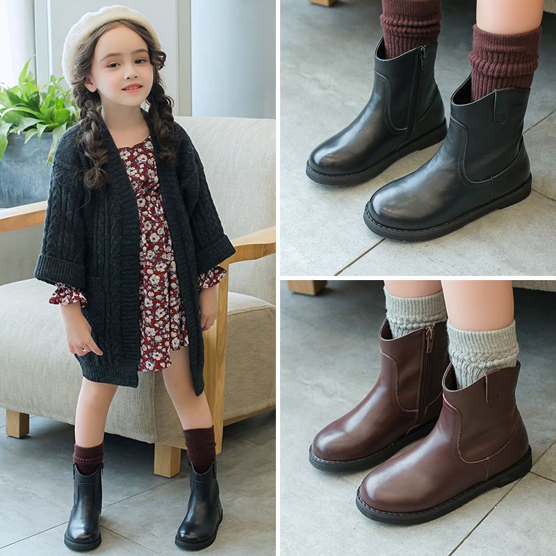 Lovely Round Toe Black Coffee Color Kids Shoes In Stock Leather Girls\u0027 Boots Children Formal Wear Discount Girls Shoes Flower Girl Shoes Canada From