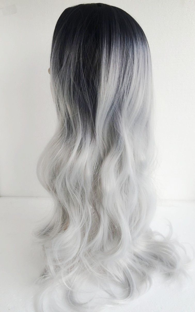 Long Curly Hair Ombre Wigs Two Tone Natural Black Silver White