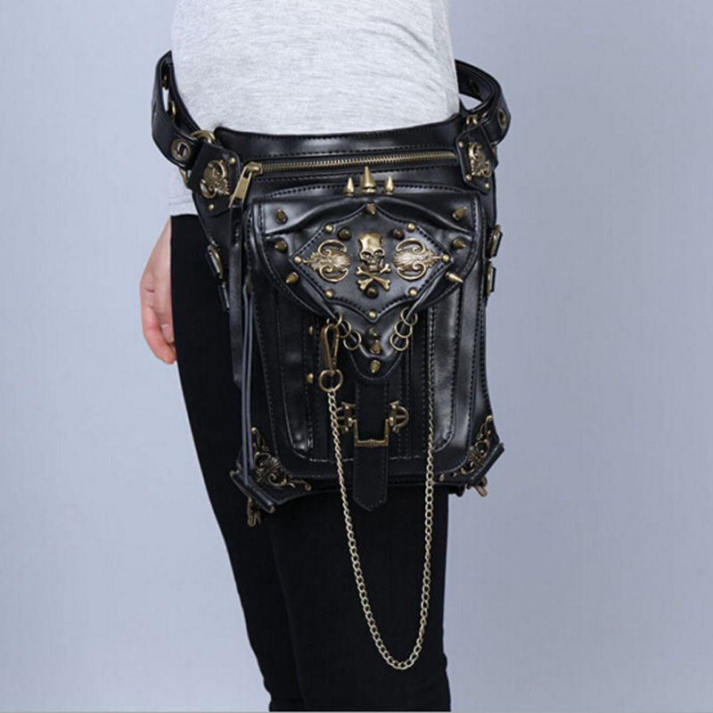 Gothic Rock Skull Waist Packs Punk Leather Fanny Pack Retro Black Waist Bag for Men Gothic Rock Skull Waist Packs Punk Leather Fanny Pack Retro Black Waist Bag for Men