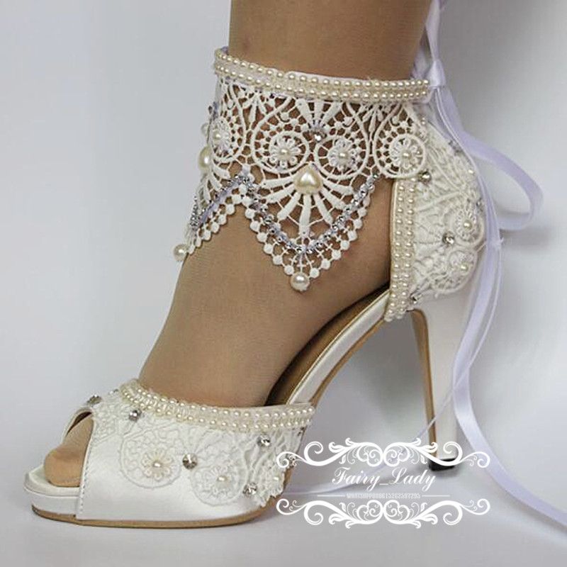 2017 White Peep Toe Lace Wedding Shoes With Adjustable Ribbon