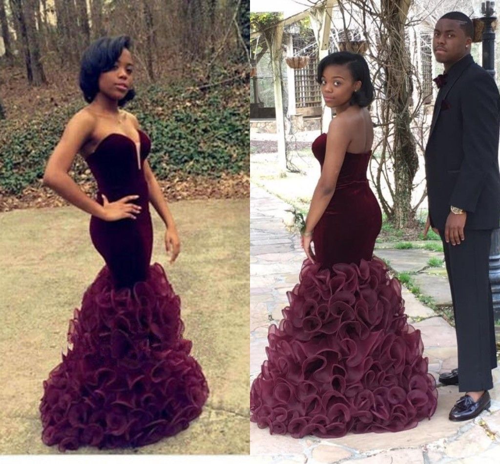 strapless maroon prom dress