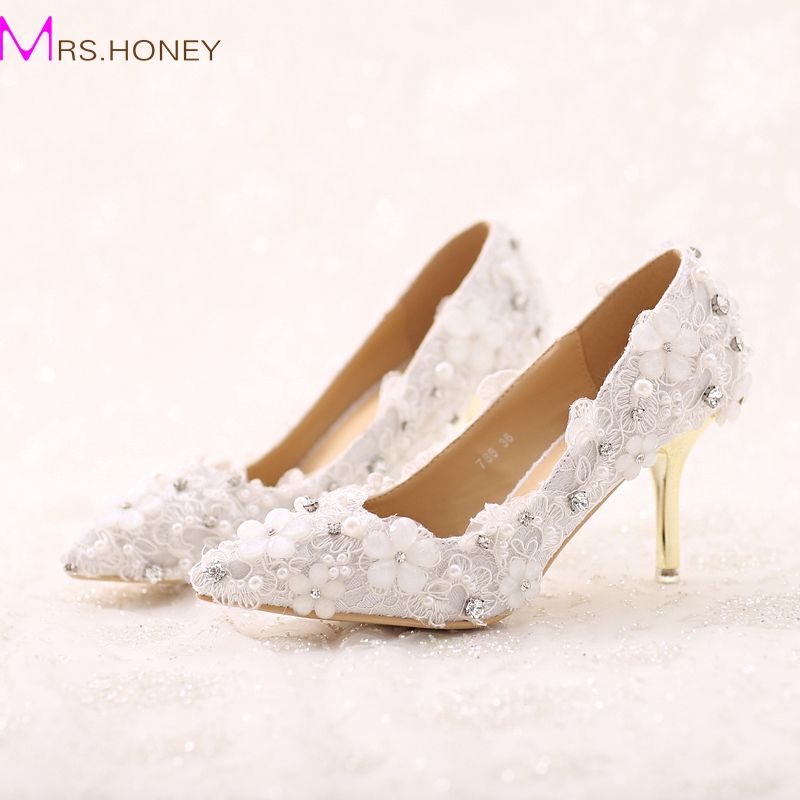 Women Wedding Handmade lace White Bridal Bridesmaid Shoes banquet dressShoes-8A 