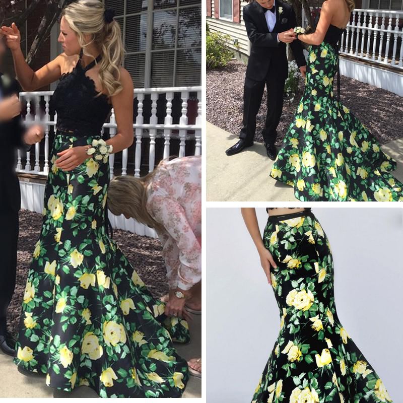 Custom Made Floral Print Two Piece Mermaid Prom Dress 2017 Halter