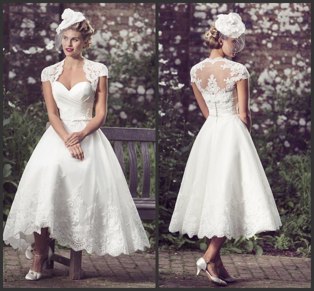 Short Wedding Dresses Appliques Lace Tea Length With Jacket Elegant ...
