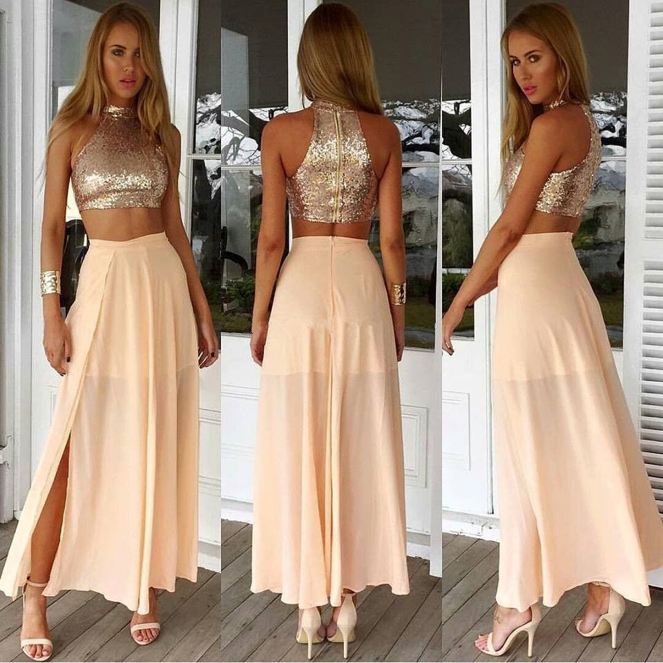 Champagne Two Piece Prom Party Dresses 