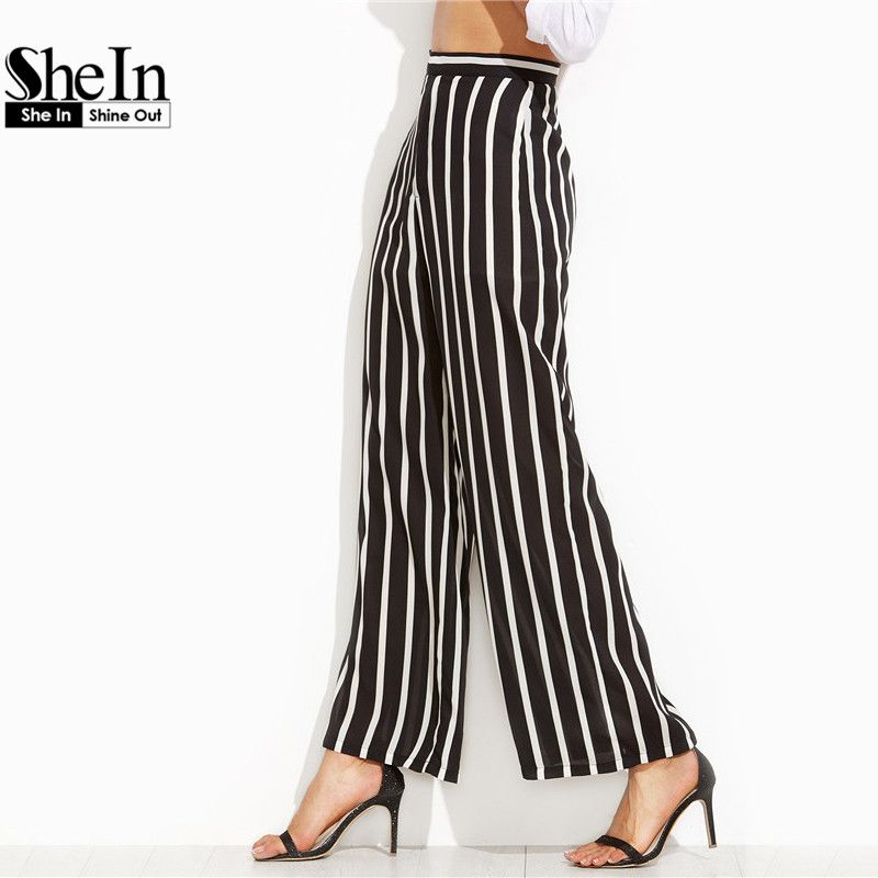 Compre SheIn Pantalones Sueltos Pantalones De Mujer Pantalones De Mujer De  Marca Elegante Pantalones Negros De Rayas Verticales Pantalones Anchos De  Cintura Alta A 31,42 € Del My01 | Es.Dhgate.Com
