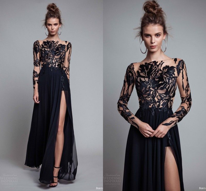 Elegante encaje negro Apliques Vestidos de noche con ilusión Manga larga 2017 Chiffon Floor Length Side Elegante encaje negro Apliques Vestidos de noche con ilusión Manga larga 2017 Chiffon Floor Length Side