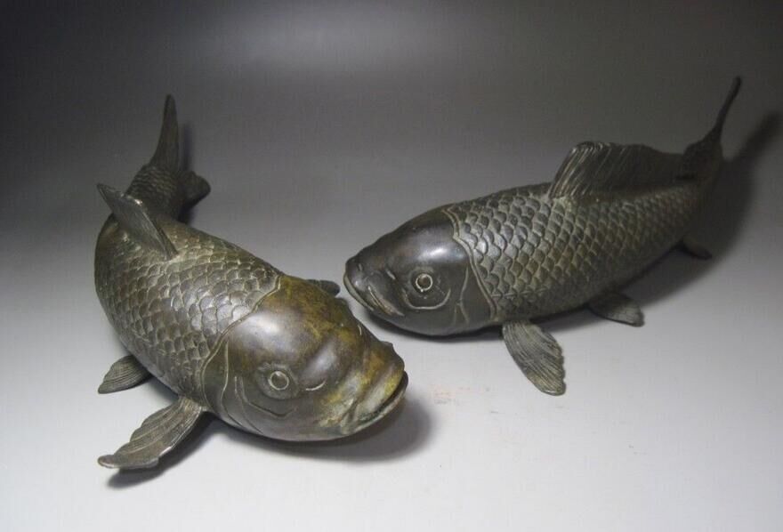 2pc Folk bronze carvings a auspicious lifelike Wealth fish statue 