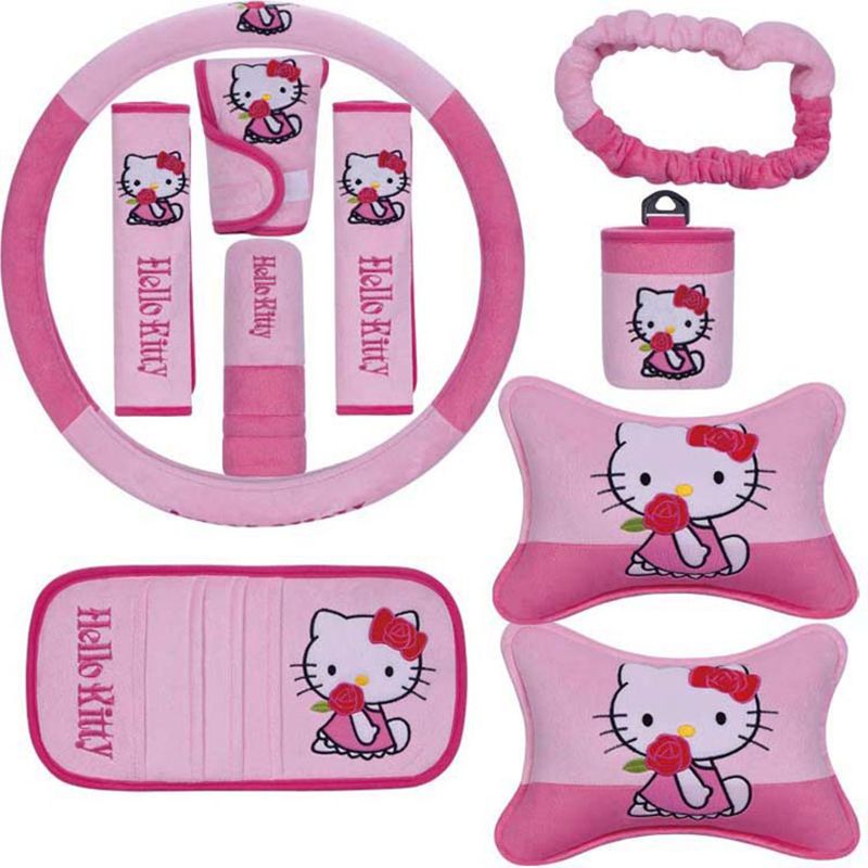 Set Hello Kitty Car Seat Cover Pink Interior Accessories Universal Steering Wheel Cover Head Pillow Universal Automotive Upholstery Cover Steering