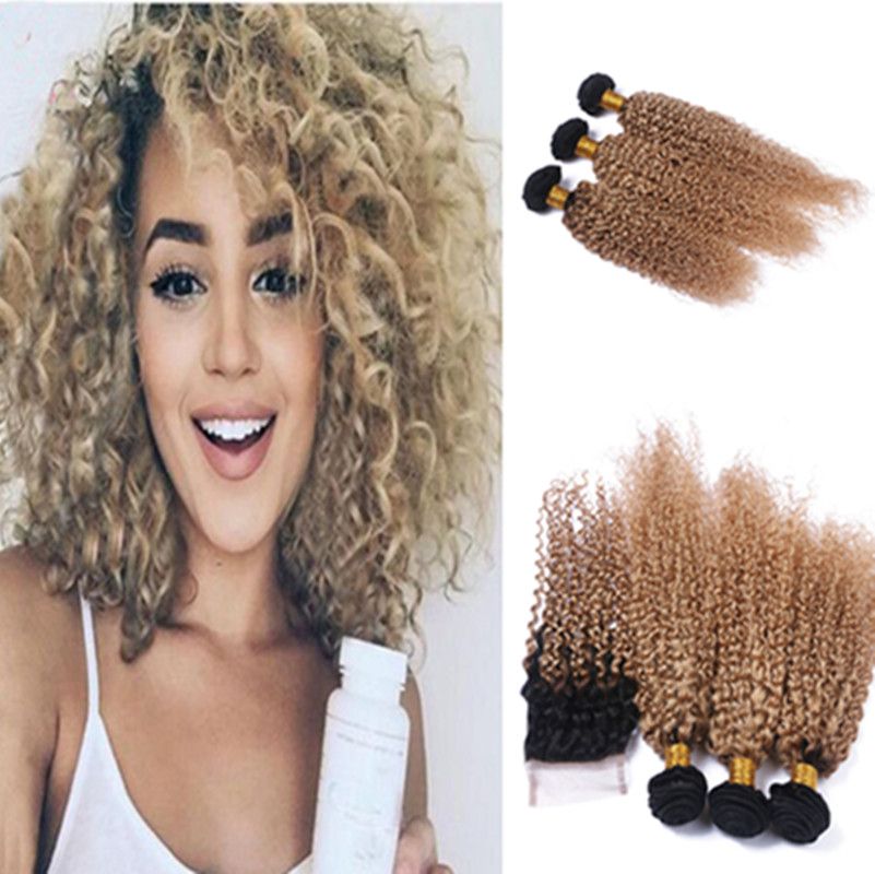 Dark Root Kinky Curly Ombre Honey Blonde 1b 27 Hair Bundles With