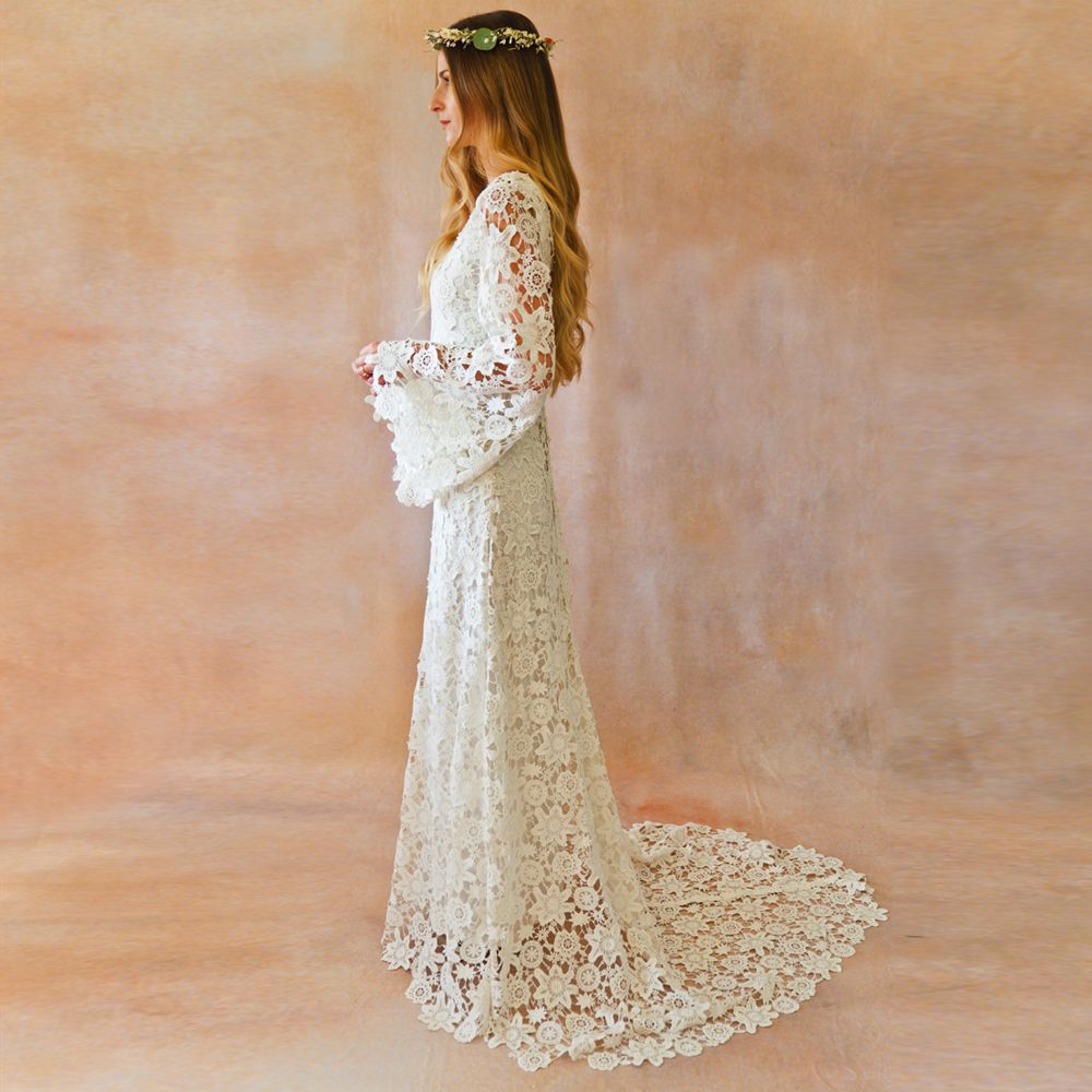 bell sleeve boho wedding dress