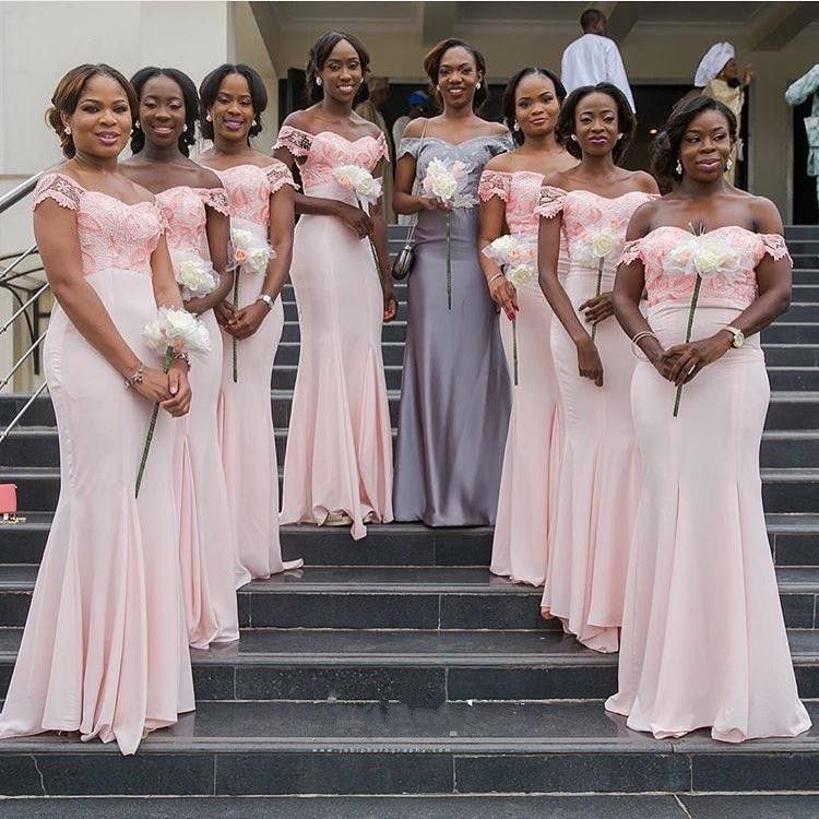 light pink off the shoulder bridesmaid dress