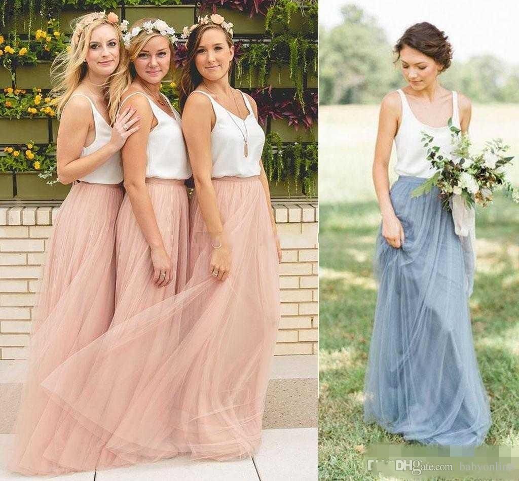 Compra 2019 Estilo Campestre Una Línea De Vestidos De Dama De Honor Sin  Mangas Con Cuello En V Escote En Velo Largo De Tul Vestidos De Dama De  Honor Vestidos De Boda