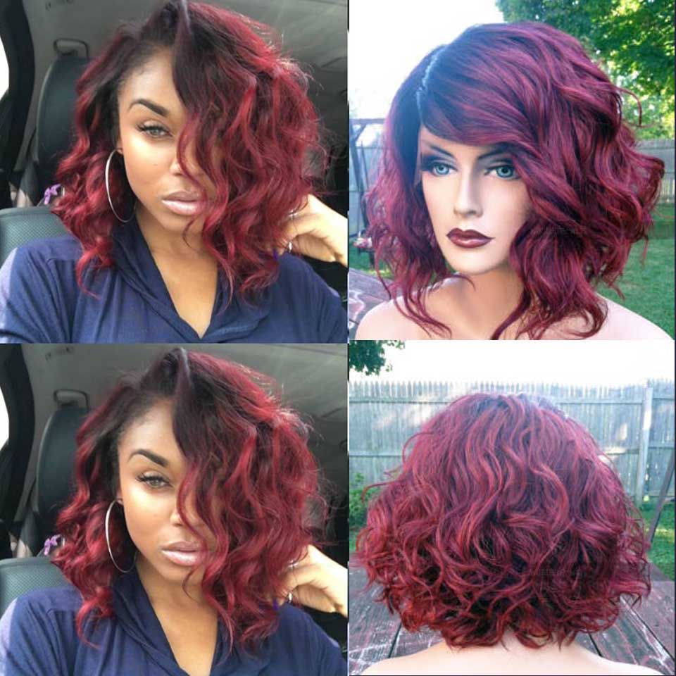 Ombre 99j Short bob wavy Body wave Human Lace Front Wig Glueless Natural Black/dark wine Virgin Hair Women Wigs Cut curly Ombre 99j Short bob wavy Body wave Human Lace Front Wig Glueless Natural Black/dark wine Virgin Hair Women Wigs Cut curly