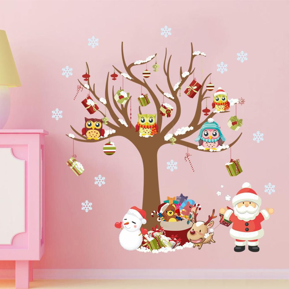 Merry Christmas Home Decorative Wall Sticker Santa Claus Reindeer Snowman Xmas Tree Wall Stickers Owl Hat