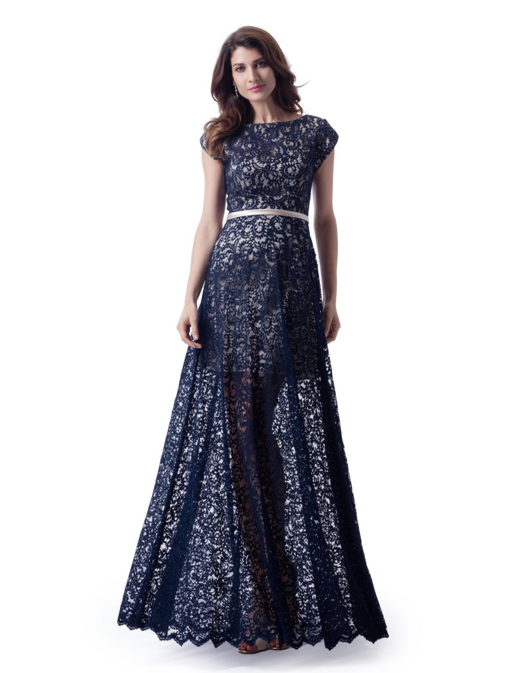 navy blue and champagne dress