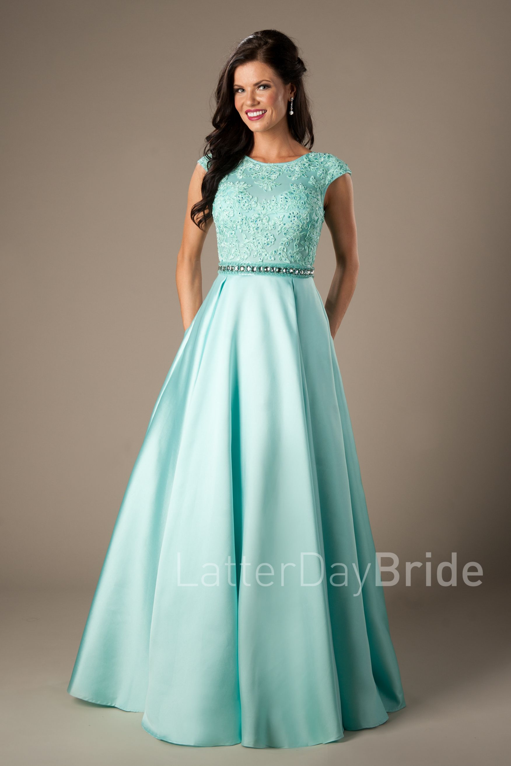 Coral Satin Lace Long Modest Prom 