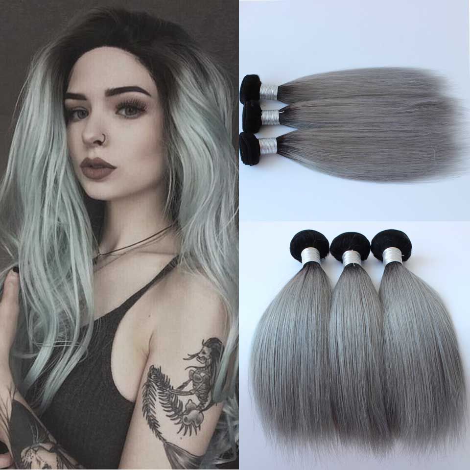 New Arrival Brazilian Ombre Silver Grey Hair Weaving 1b Gray Two