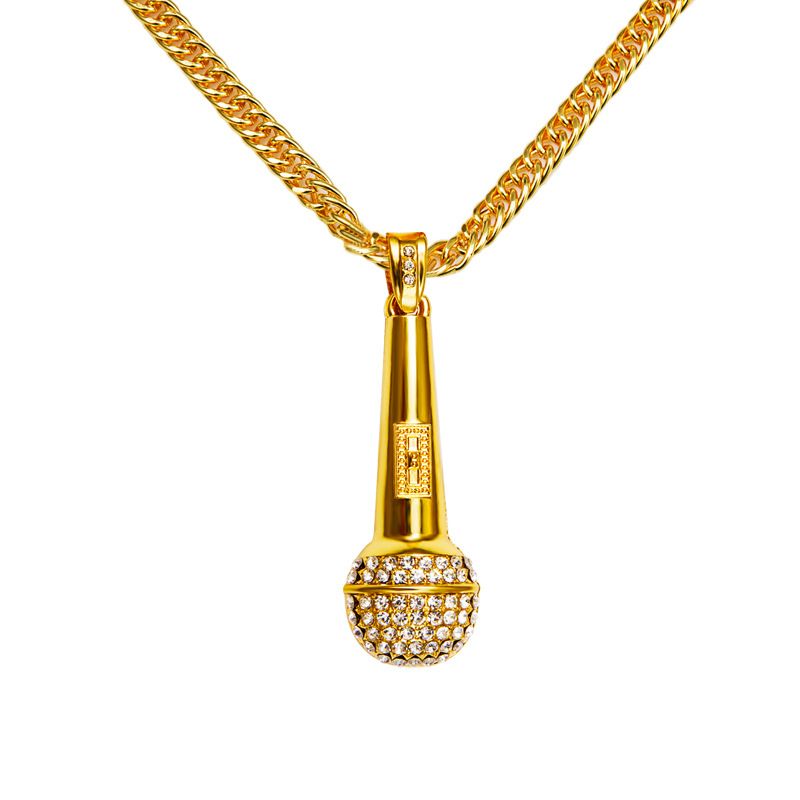 Men's Hip Hop Gold Plated Crystal Microphone Pendant 30" Chain Necklace Jewelry 