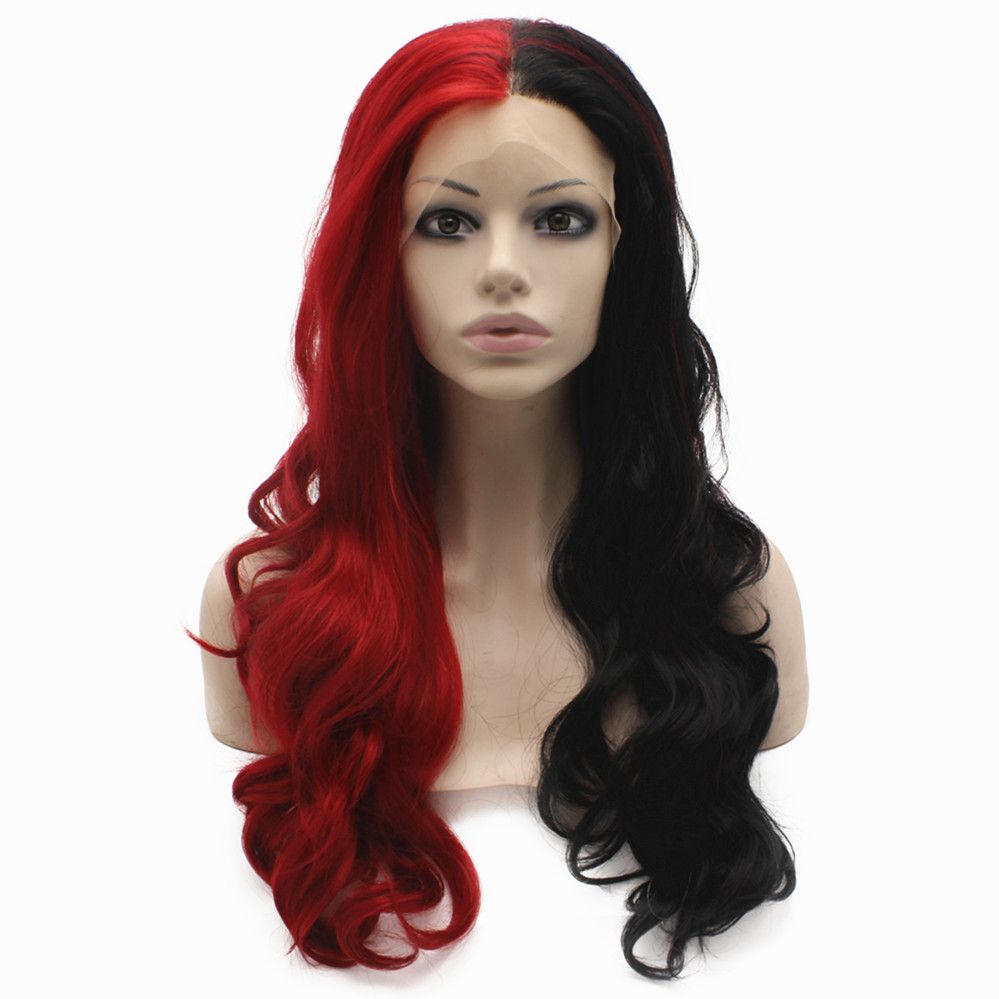 Long Wavy Half Red Black Two Tone Synthetic Lace Front Party Wig