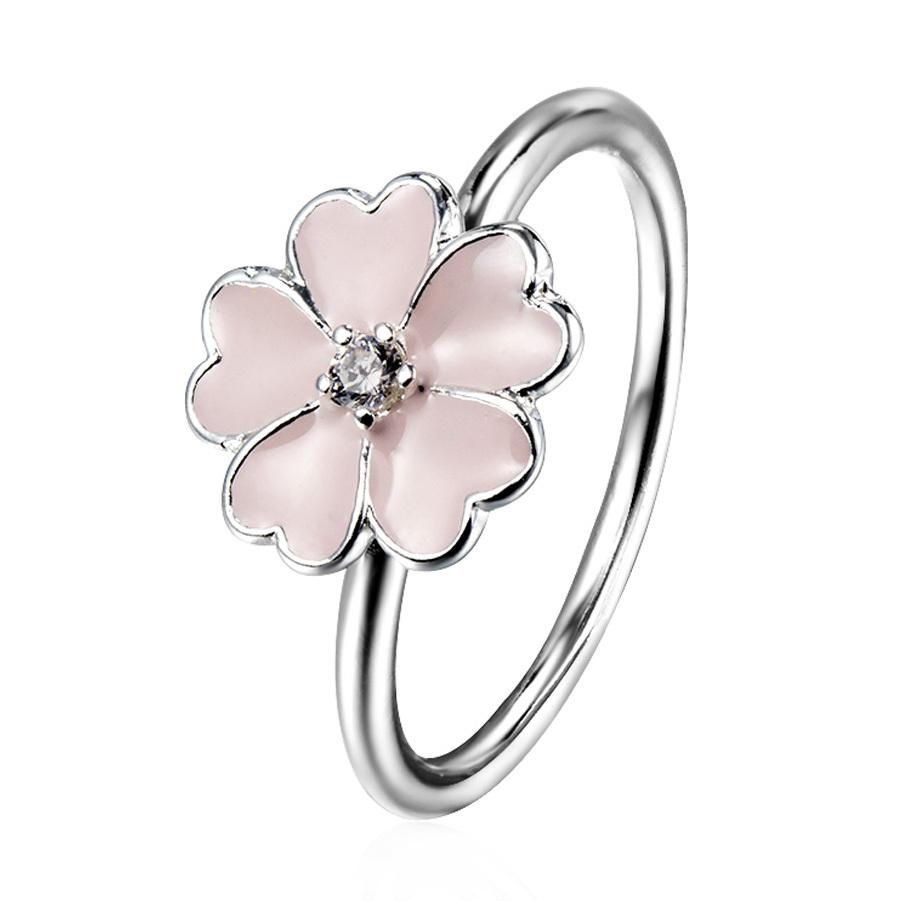 2021 Wholesale Pink Enamel Flower Zircon Ring European 925 Silver