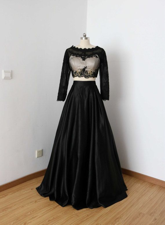 100% Real Photos Two Piece Black Long Prom Dress With Long ...