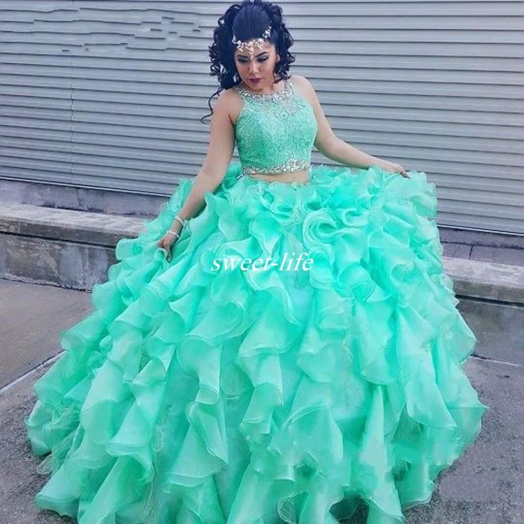 Lavar ventanas Estresante solar Vestidos de quinceañera de encaje de dos piezas con vestidos de bolas de organza de cristal Lavar ventanas Estresante solar Vestidos de quinceañera de encaje de dos piezas con vestidos de bolas de organza de cristal