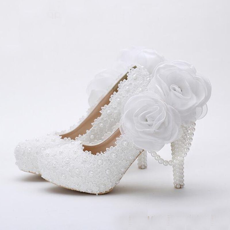 2020 White Flower Lace Platform Bridal Shoes Beautiful Women High